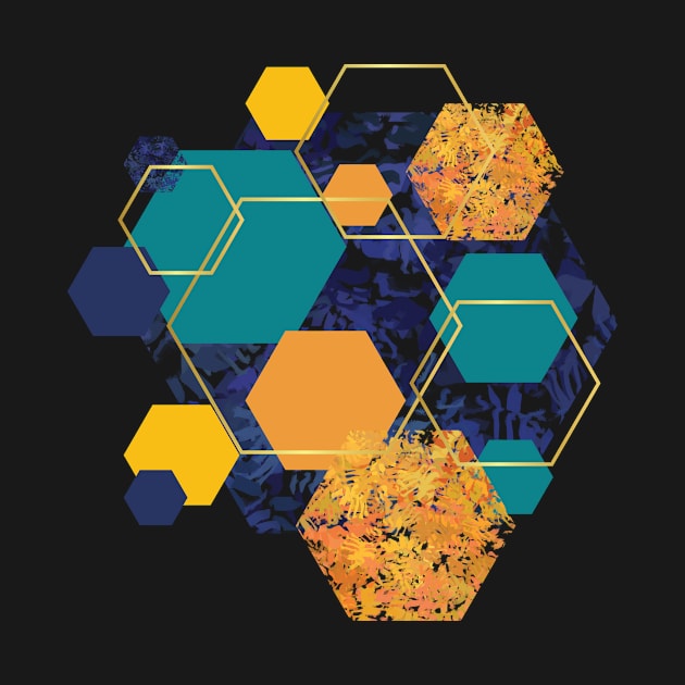 Blue, orange, navy, yellow and gold geometric hexagons by LilithDesigns