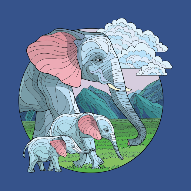 Serenity of the Savanna: Stained Glass Style Circle Design T-Shirt with Elephant and Calves by ConnectingtoNature