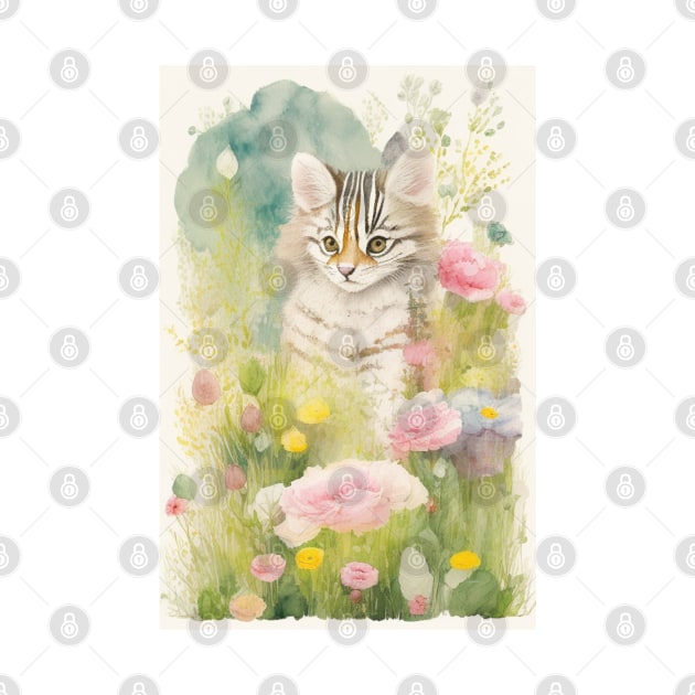 Watercolour painting of striped cat in th flower garden by Stades