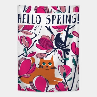 Hello Spring! // spot illustration with quote // orange tabby cat fuchsia pink Magnolia full bloom navy blue branches birds and lines Tapestry