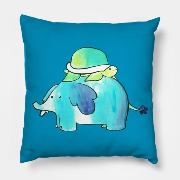 Turtle and Elephant Watercolor Pillow by saradaboru