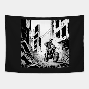 Dirt bike city ruin - black and white Tapestry
