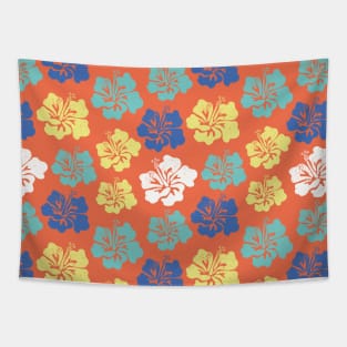 Hibiscus flower silhouettes. Yellow, royal blue and aqua blue Hawaiian hibiscus flowers on an orange background. Vintage inspired. Tapestry