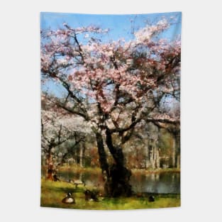 Spring - Geese Under Flowering Tree Tapestry