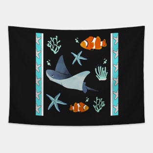 PACIFIC BLUE PATTERN STARFISH ORANGE CLOWNFISH BEACH HOUSE PRINTS DECOR IDEAS AND MORE STINGRAY STARFISH Tapestry