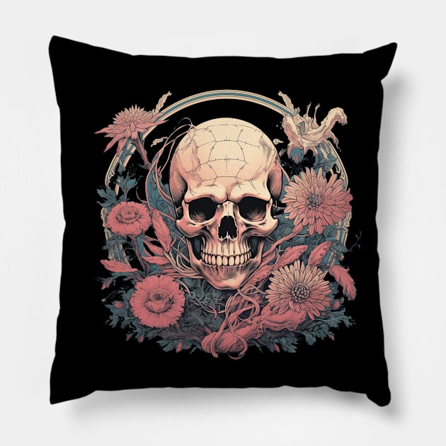 Dark Skull and Flowers Pillow by TOKEBI