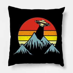 Retro alien ufo mountain Pillow