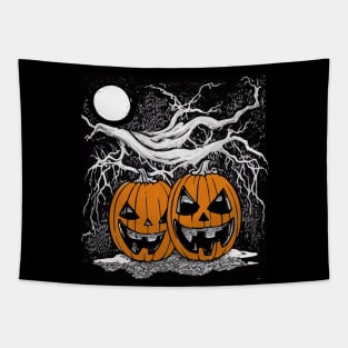 Pumpkin face scary with dark forest and full moon, cute Halloween Tapestry