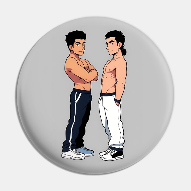 Cartoon of two toned topless guys in sweatpants Gay Pin TeePublic