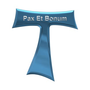 Franciscan Tau Cross Pax Et Bonum Blue and Silver Metallic T-Shirt