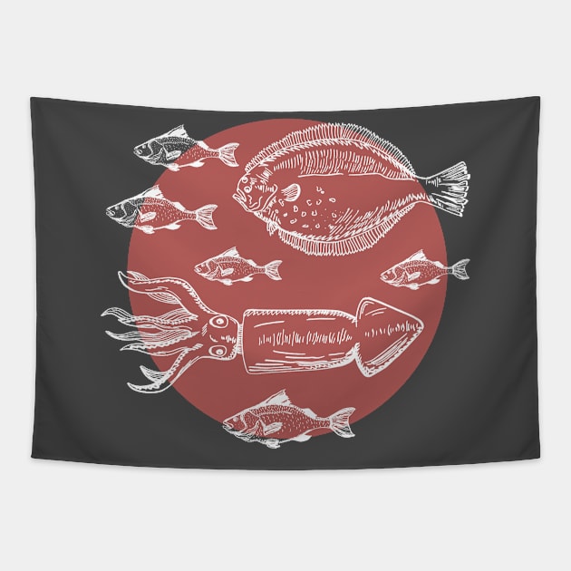 Sea Fishes - Hand Drawn - Red Tapestry by SoftFigurine