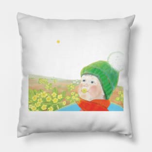 Little boy with primrose flower in mouth Pillow