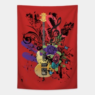 Grunge yellow guitar with roses Tapestry