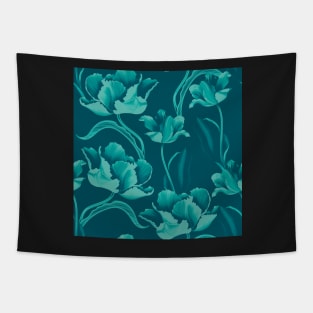 Fantastic turquoise tulips in a flowing pattern on a petrolblue background Tapestry