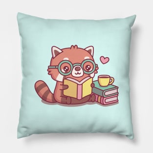 Cute Red Panda With Glasses Reading A Book Pillow