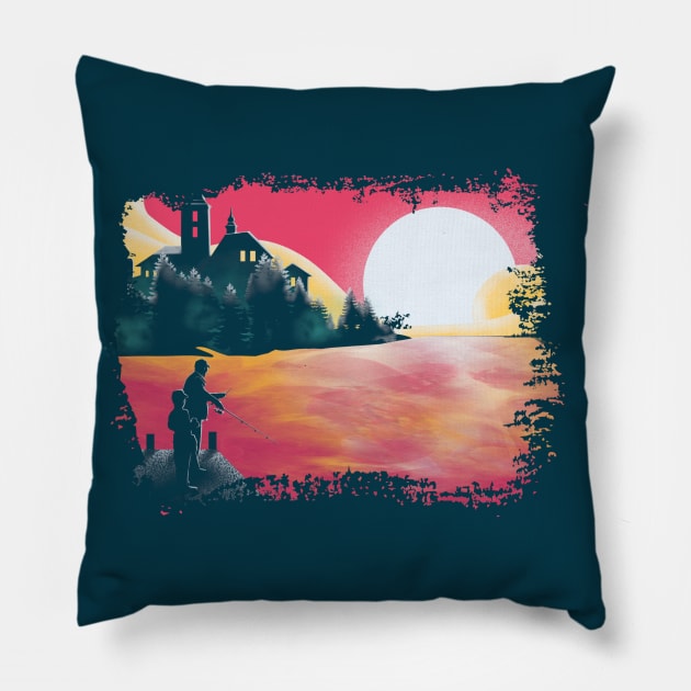 Sunset and fishing view landscape Pillow by Alsiqcreativeart