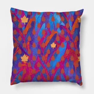 Golden Maple leaves on a wild ruby and sapphire leaf background Pillow