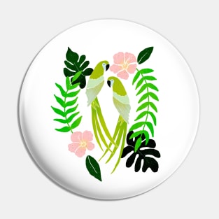 Green parrots and pink hibiscus flowers Pin