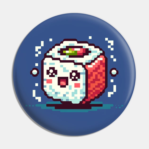 8-Bit Pixel Sushi Roll - Retro Happy Face Design Pin by Pixel Punkster