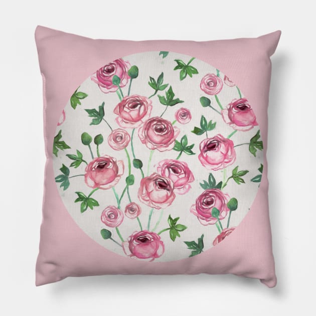 Painted Pink Ranunculus Pattern Pillow by micklyn