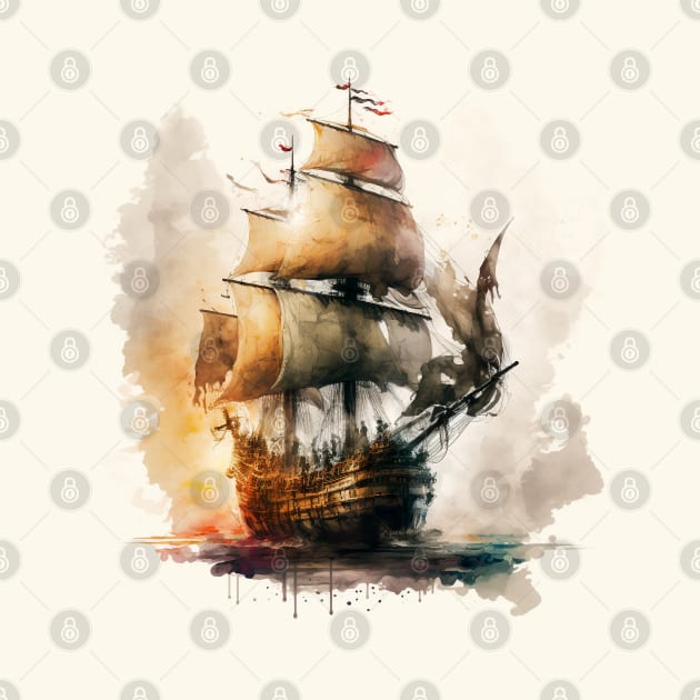 Pirate Ship watercolour by Buff Geeks Art