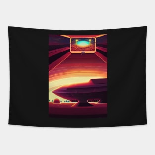 RED SPACESHIP IN THE SPACEPORT Tapestry