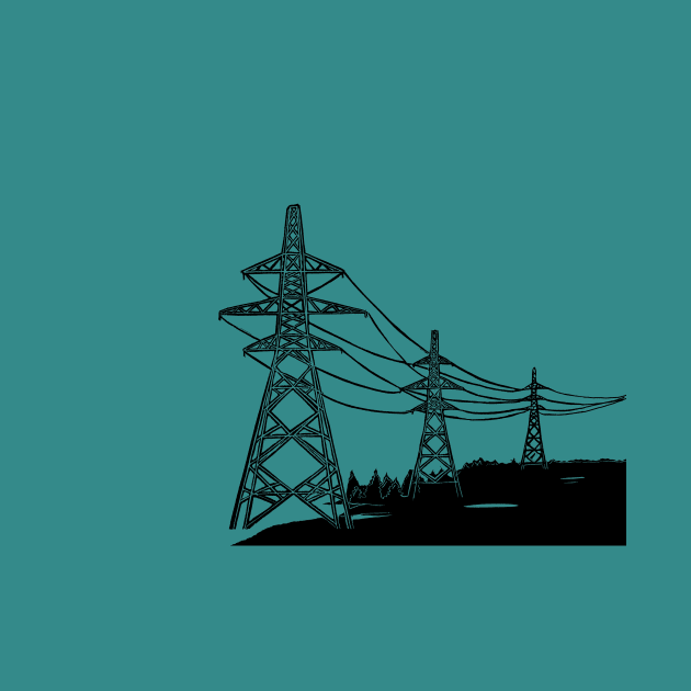 Pylons Linocut Silhouette on teal by Maddybennettart