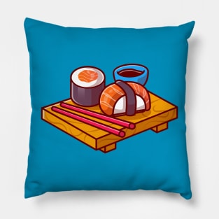 Sushi With Chopstick Cartoon Illustration Pillow