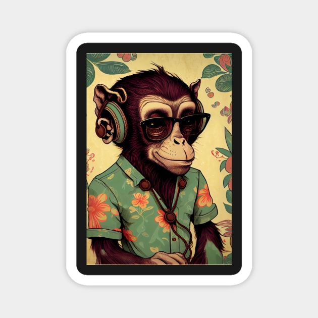 Chimp wearing headphones, glasses, and hawaiian shirt Magnet by dholzric