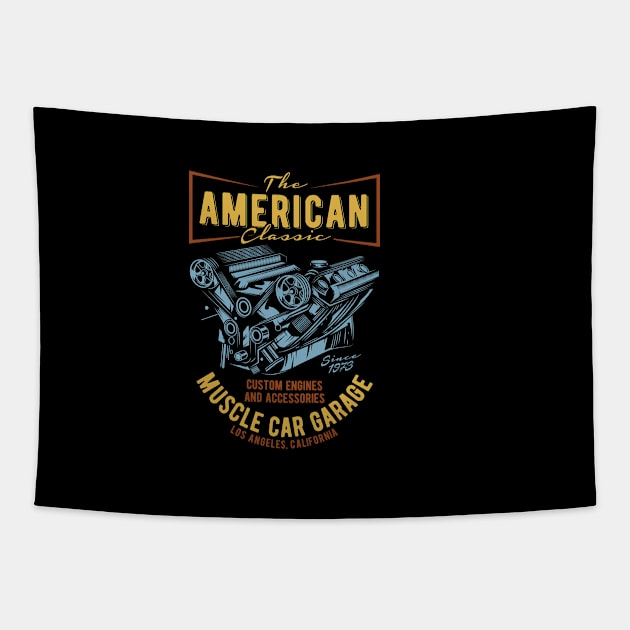 The American Classic Muscle Car Garage Tapestry by JabsCreative