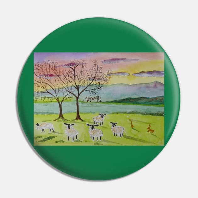 Quirky Sheep at Sunset Pin by Casimirasquirkyart