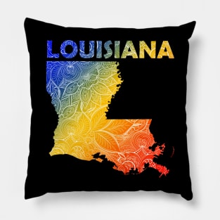 Colorful mandala art map of Louisiana with text in blue, yellow, and red Pillow