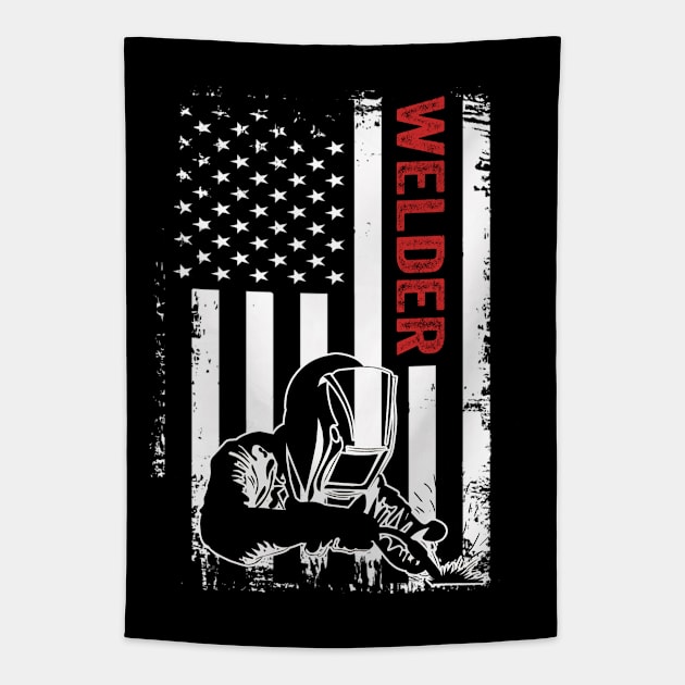 Welding Funny Welder Quotes USA American Flag Tapestry by Visual Vibes