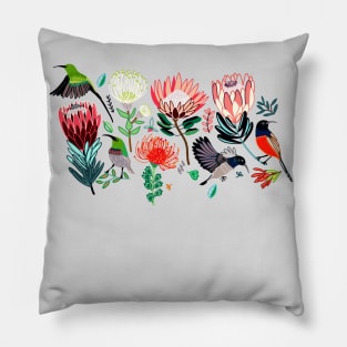 Sunbirds & Proteas On Grey Pillow