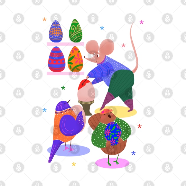 Cute mouse decorating easter eggs for cute birds, version 1 by iulistration