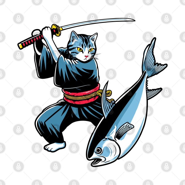 Kawaii Cat Anime Japanese Retro Samurai Novelty Funny Cat by KsuAnn