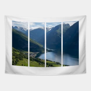 Wonderful landscapes in Norway. Vestland. Beautiful scenery of Aurland fjord from the Aurlandsvangen view point facing to the village of Aurland and Flam. Sunny day Tapestry