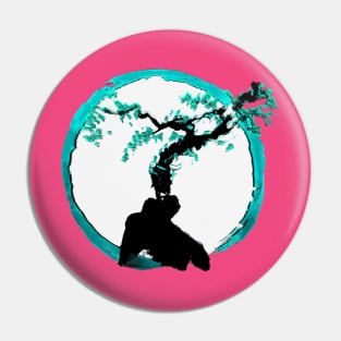 ocean teal tree of life on a enso circle - Sumi inspired Bonsai tree Pin