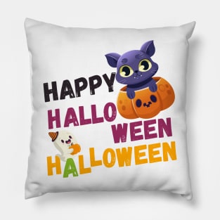 Happy Halloween Kitty - Cute Cat And Ghost Pillow