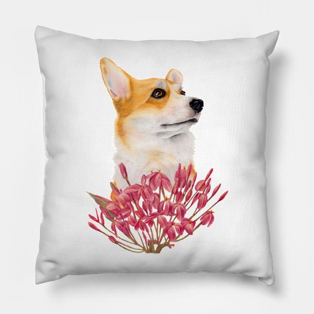 Corgi dog with flowers Pillow by nadiaham