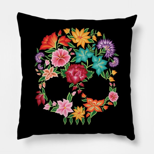 Mexican Embroidery Style Skull Design from Oaxaca, México (Black Background) Pillow by Akbaly