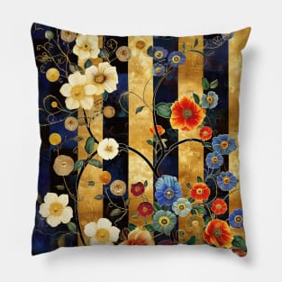 Rambling Flowers on Black and Gold Stripes Pillow