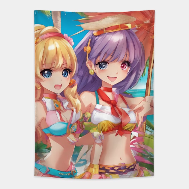 Anime girls wear bikni on  beach Tapestry by animegirlnft