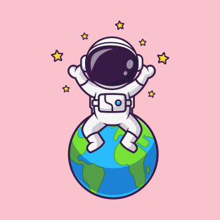 Cute Astronaut Sitting On Earth With Star Cartoon T-Shirt