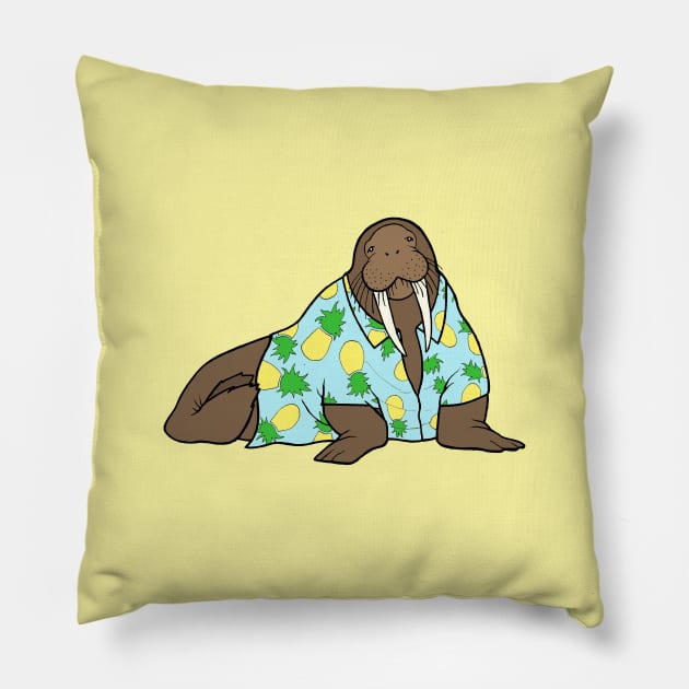 Walrus in Hawaiian shirt - blue Pillow by WatershipBound