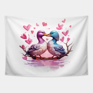 Valentine Kissing Mallard Bird Couple Tapestry