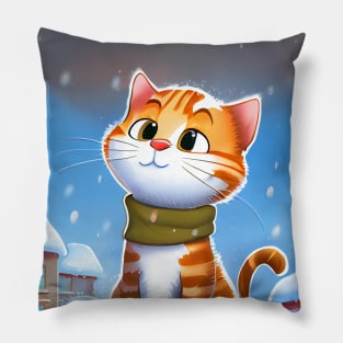 Winter Cat With a Scarf in Winter Scenery is waiting for Santa Pillow