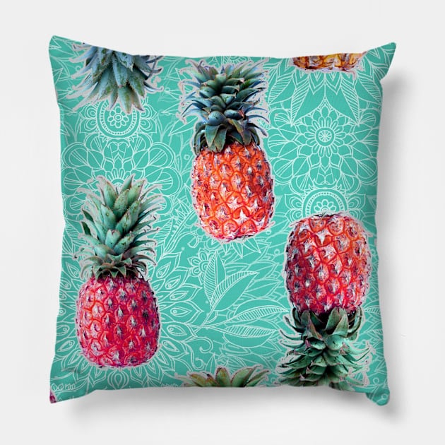 From Pineapple to Pink - tropical doodle pattern on mint Pillow by micklyn