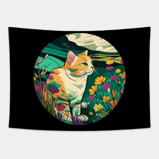 Happy Cat Filled With Flowers In The Field Colorful - Cat Lover Tapestry