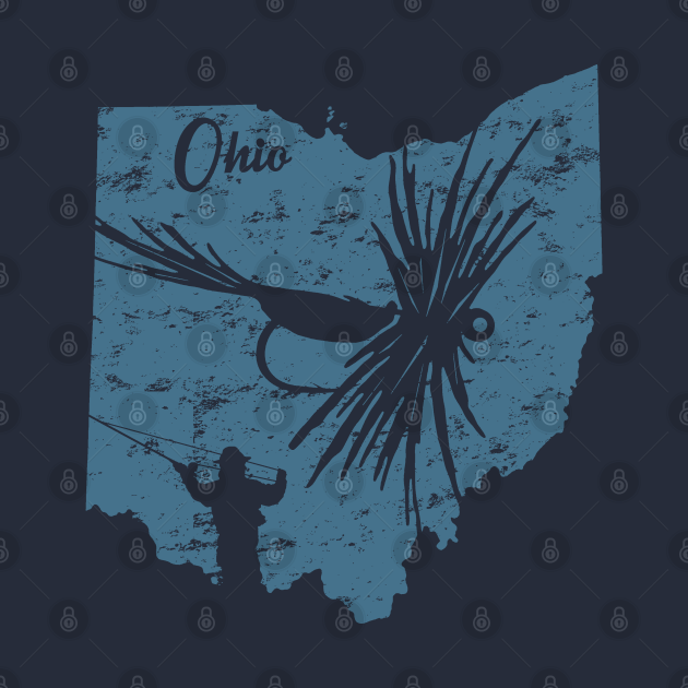 Discover Fly Fishing Ohio State Map Distressed Blue - Ohio Fly Fishing - T-Shirt